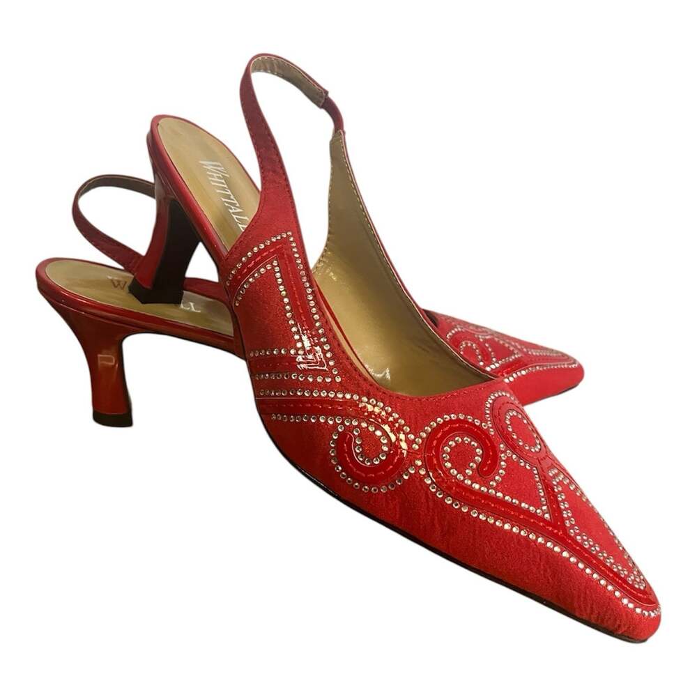 Vintage Whittall & Shon Red Rhinestone Slingback Curve Kitten Heels Pumps Sz 10
